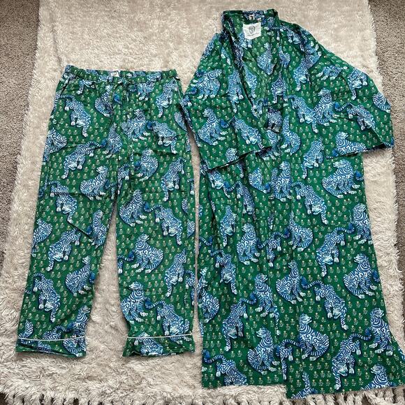 Printfresh S/M Robe + Small PJ Pants Set Tiger Queen Jade Green Organic Cotton - Picture 2 of 8
